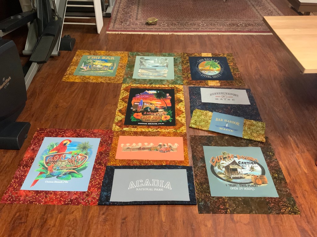 Arranging quilt blocks.